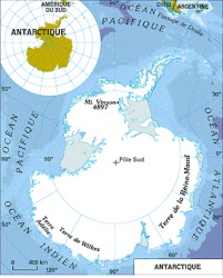 Carte de la calotte glaciaire de l'Antarctique telle qu'on la reprsente actuellement 
dans les atlas de gographie (1998 - Larousse).