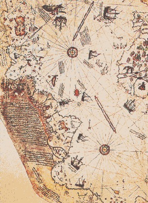 La carte gographique dessine par l'amiral turc Piri Reis en 1513.
