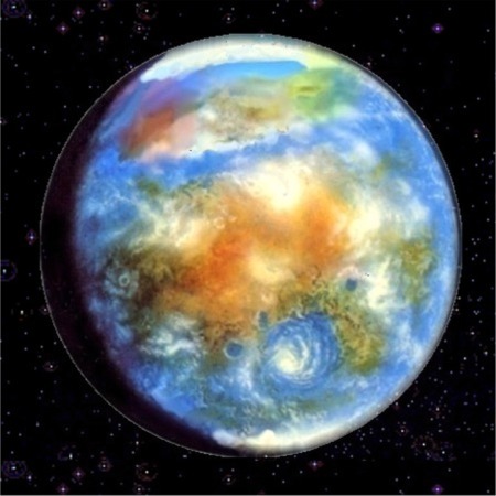 The planet Mars as it could be after its terraforming... or as it might have been before a cataclysm in a distant past.